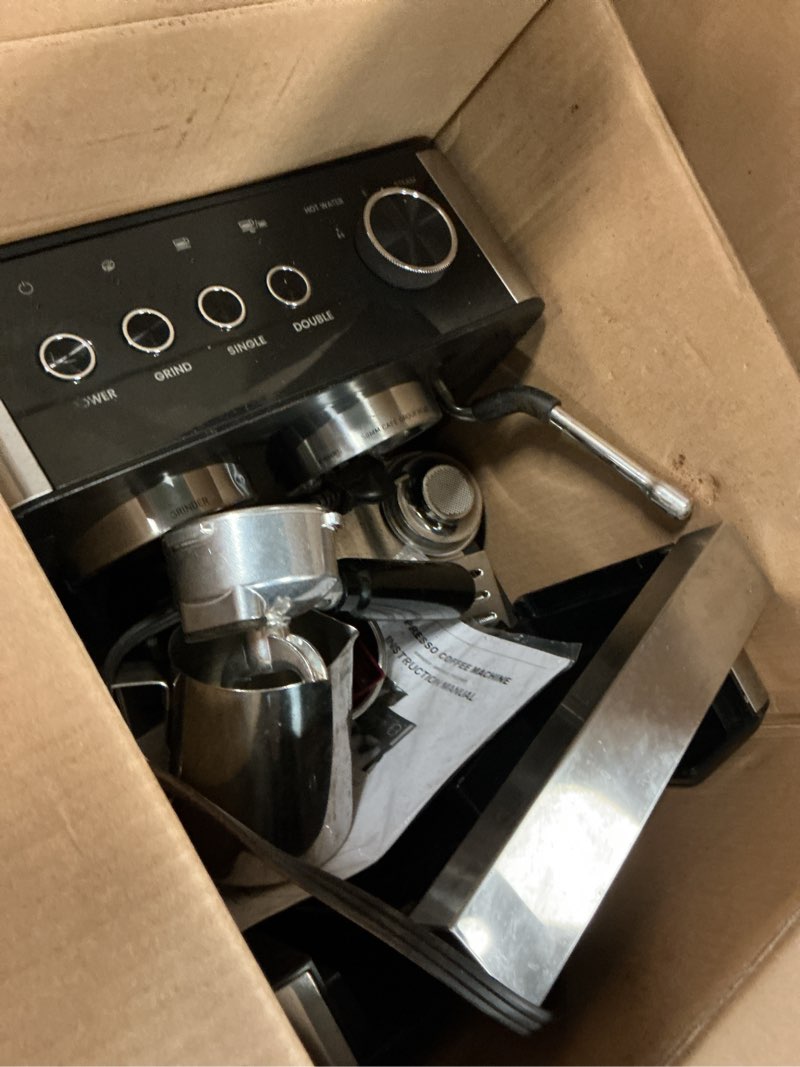 Condition photo showing As Is for espresso machine 15 bar with built-in anti-clog coffee grinder,stainless steel coffee maker with 77.8 oz removable water tank for cappuccino/latte,home&office,black deep black
