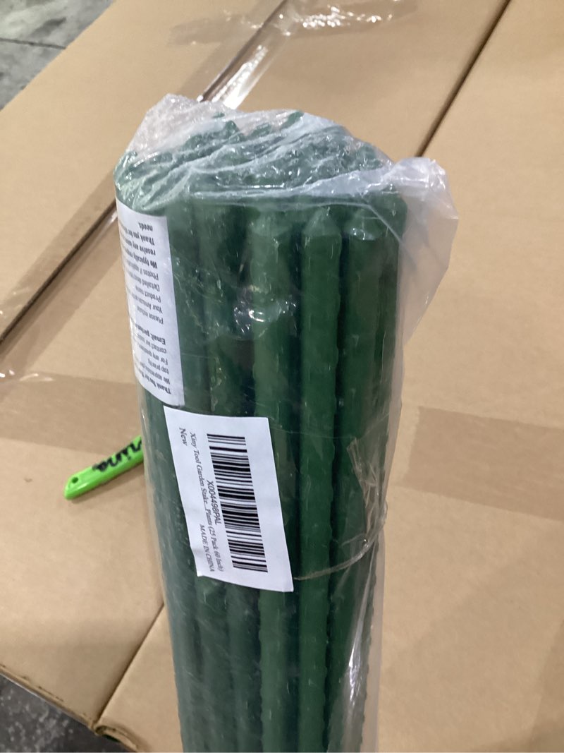 Condition photo showing As Is for xiny tool garden stakes, 25 pack steel plant garden tomato stakes with plastic coat for climbing plants (25 pack 58 inch)