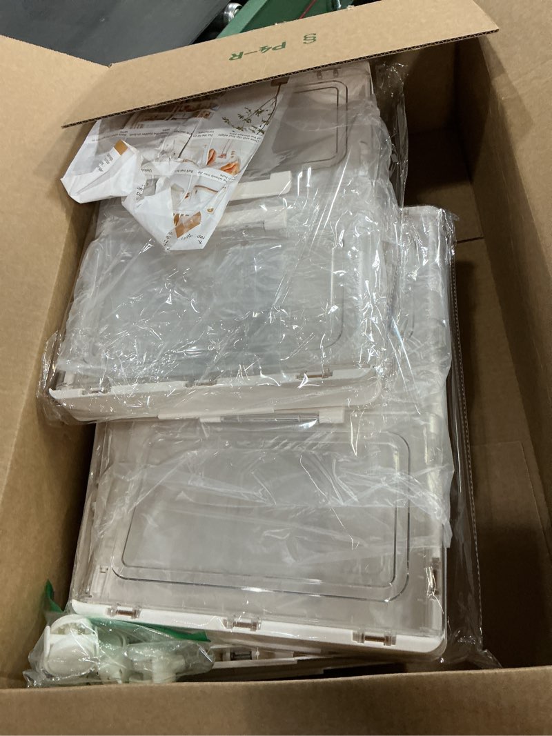 Condition photo showing As Is for SNSLXH Portable Clear Storage Bins with Lid & Wheels, 24QT Clear Storage Bins with Lid, 4-Tier Plastic Bins with Wheels, Stackable, Magnetic Doors, for Bedroom, Living Room, Office 34.6*14.96*11in