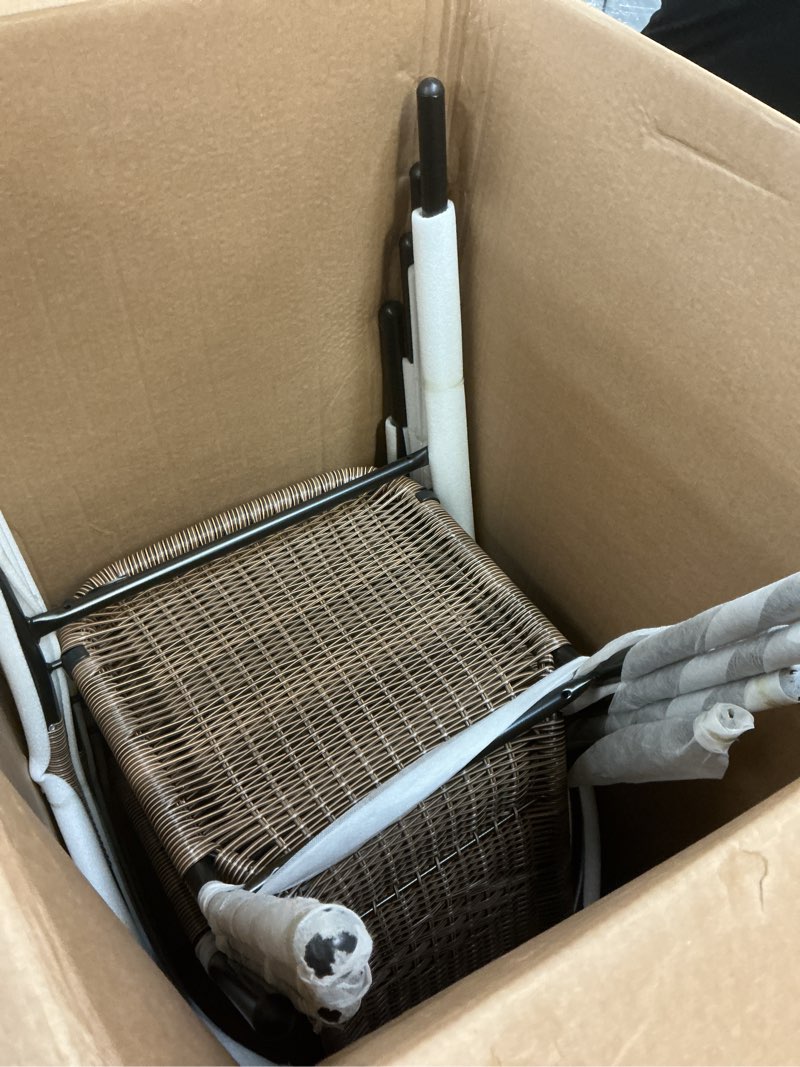 Condition photo showing As Is for flash furniture lila modern rattan indoor/outdoor stackable dining chairs, stacking rattan bistro chairs for patio or restaurant, set of 4, brown dark brown set of 4