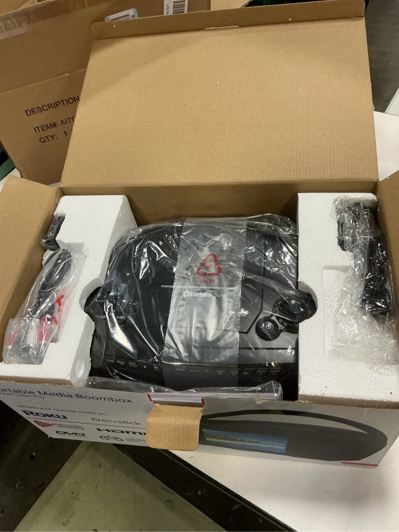 Condition photo showing Good Condition for aiwa portable dvd player, crystal clear sound with dual 3w speakers and bass function, featuring a 7" lcd display, bluetooth connectivity, fm radio, cd/dvd playback black