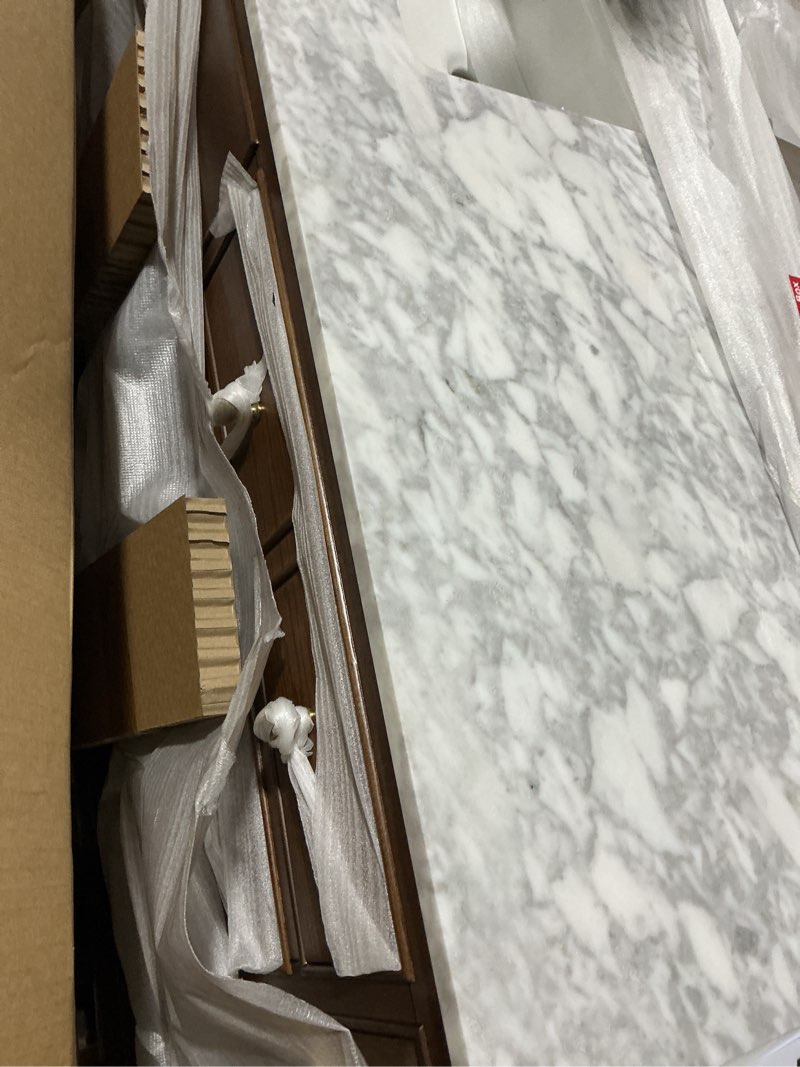 Condition photo showing New/Like New for collette 72 in. double sink cinnamon oak bath vanity with carrara white marble top (assembled)