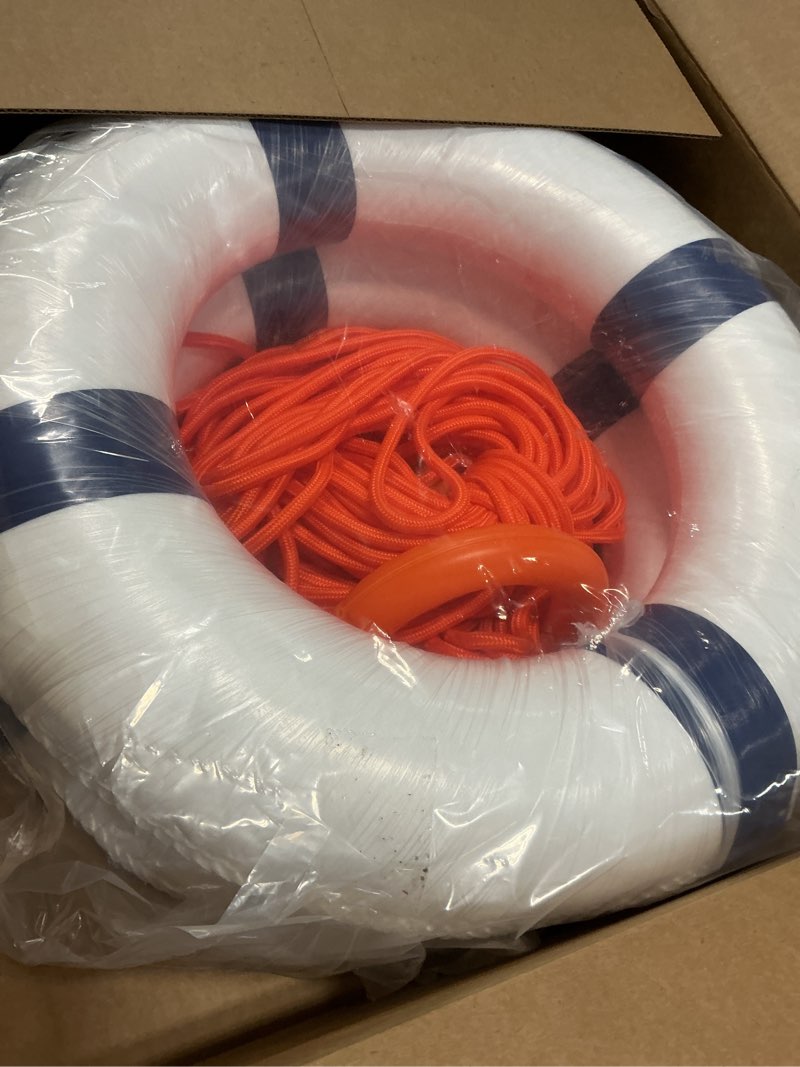 Condition photo showing Good Condition for calvana 20" foam life preserver ring with 98.4ft floating lifesaving rope, throwable flotation device, pool safety float, for buoy and swimming decoration, boat safety equipment 2pack blue