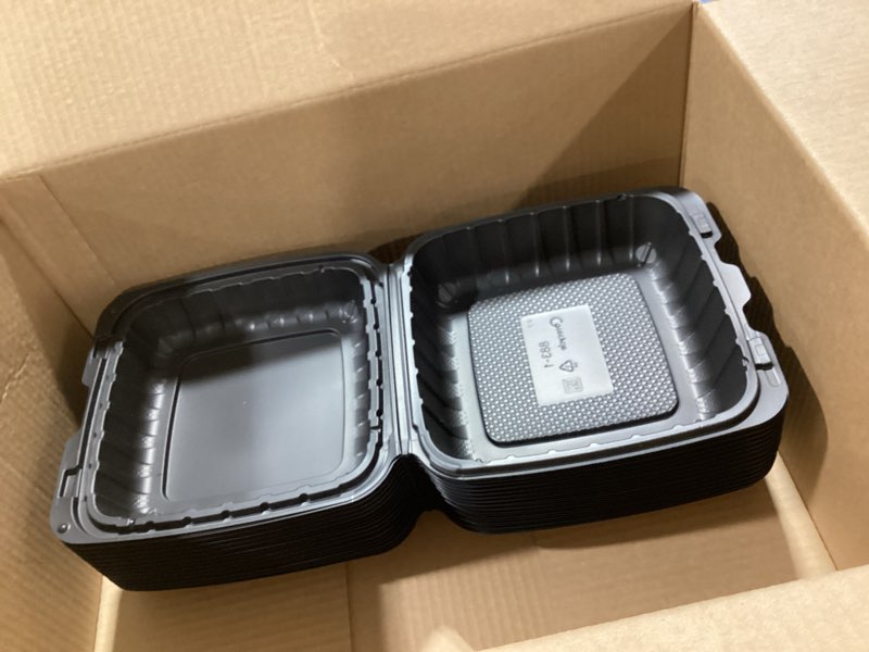 Condition photo showing As Is for fuling [8x8-inch, 50 pieces disposable to go box containers, plastic clamshell takeout food trays, microwave safe, cut resistantstable hinged lid, hybrid polypropylene, black square single compartment-black
