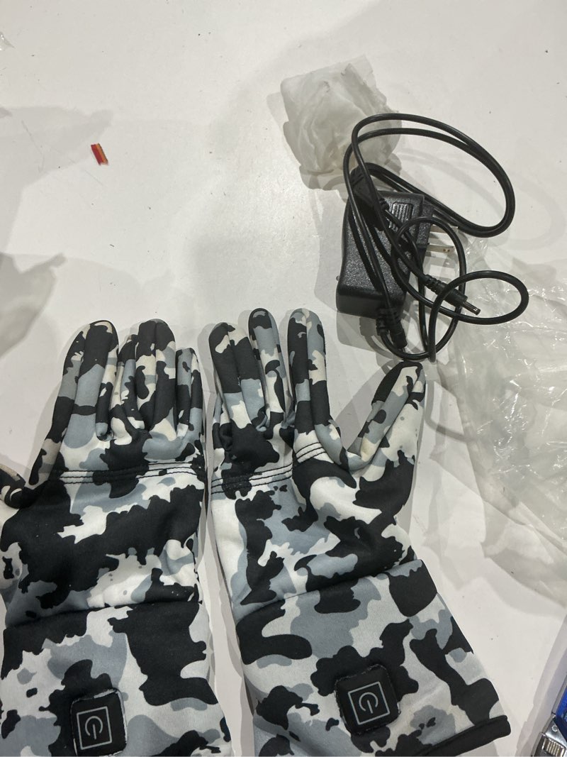 Condition photo showing As Is for heated glove liners for men women, rechargeable hand warmers, thin camouflage touchscreen battery electric gloves liner for motorcycle skiing hiking hunting small
