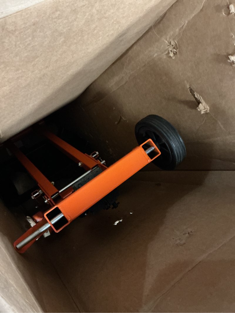 Condition photo showing As Is for vevor lawn mower lift with hydraulic jack, 500 lbs weight capacity, solid carbon steel lawn mower lift, adjustable movable lawn lifter for riding tractors and zero turn lawn mowers, orange