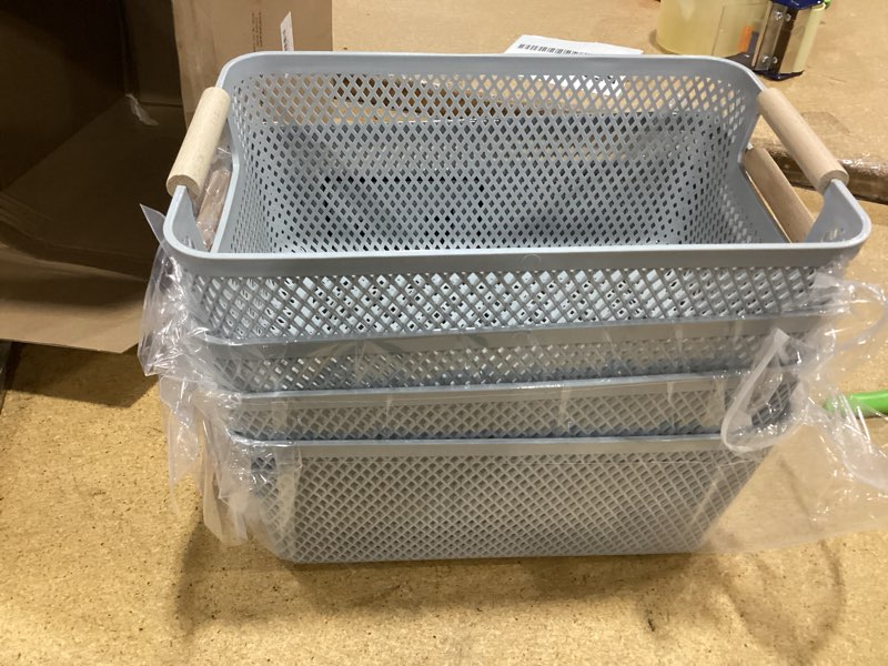 Condition photo showing New/Like New for 4 pcs plastic mesh baskets with handles - mesh storage hanging organizer bin container baskets for home organizing pantry closet cabinet kitchen fridge fruit snacks gifts, grey(medium)