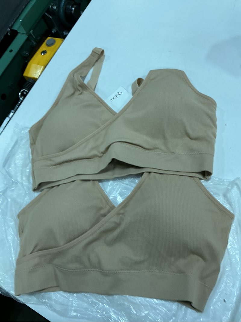Condition photo showing As Is for seamless crossover nursing & lounge bra (2-pack), l, sand