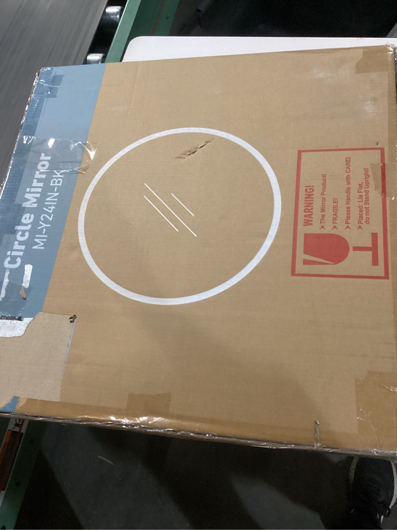 Condition photo showing New/Like New for bathroom mirror for wall, 24 inch round mirror, matte black metal framed circle vanity mirror for bathroom bedroom living room entryway, anti-rust, tempered glass, hanging or leaning
