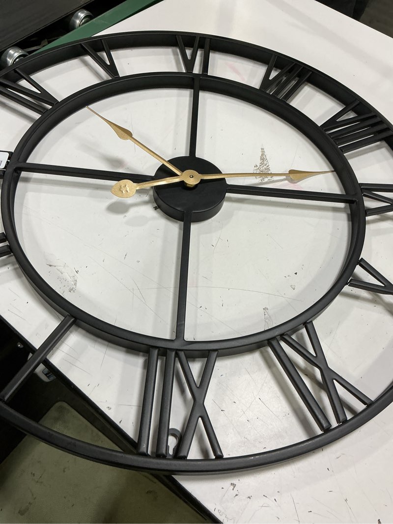 Condition photo showing As Is for cuspin 20 inch wall clock large clock battery operated, black metal round wall clocks modern silent non-ticking decorative clock for living room bedroom - roman numerals