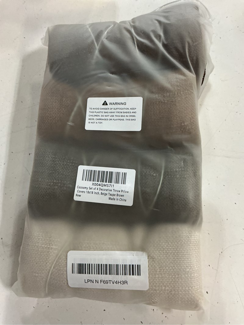 Condition photo showing New/Like New for set of 4 soft textured throw pillow covers 18x18 inch cozy decorative farmhouse cushion cover square accent pillow cases for bed couch sofa living room, beige taupe brown a beige taupe brown 18" x 18" (pack of 4)