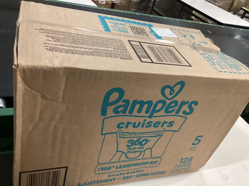 Condition photo showing New/Like New for Pampers Diapers - Cruisers 360 - Size 5, 128 Count, Babyproof up to 100% Leakproof Pull-On Diaper Size 5 128