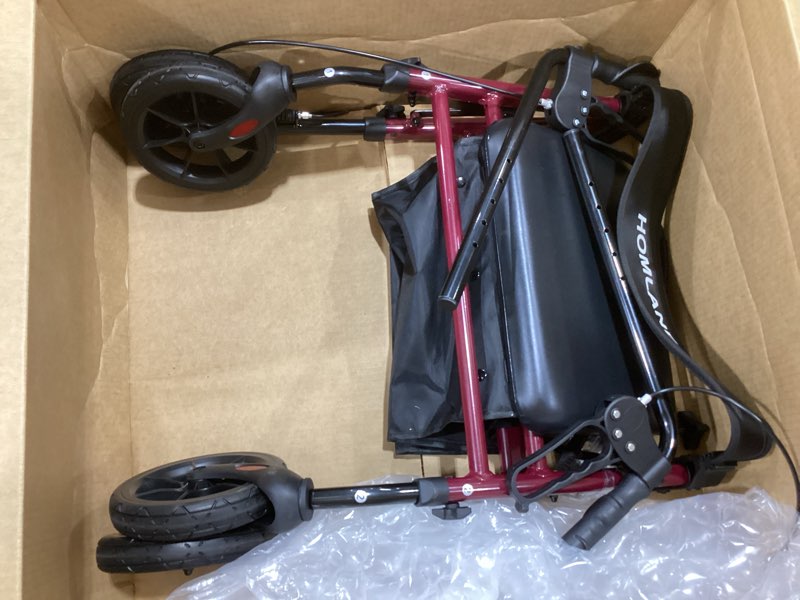 Condition photo showing As Is for homland foldable rollator walkers with seat for seniors, 8'' big wheels, 350 lb. weight capacity, adjustable handles and seat height, lightweight rolling walker, red
