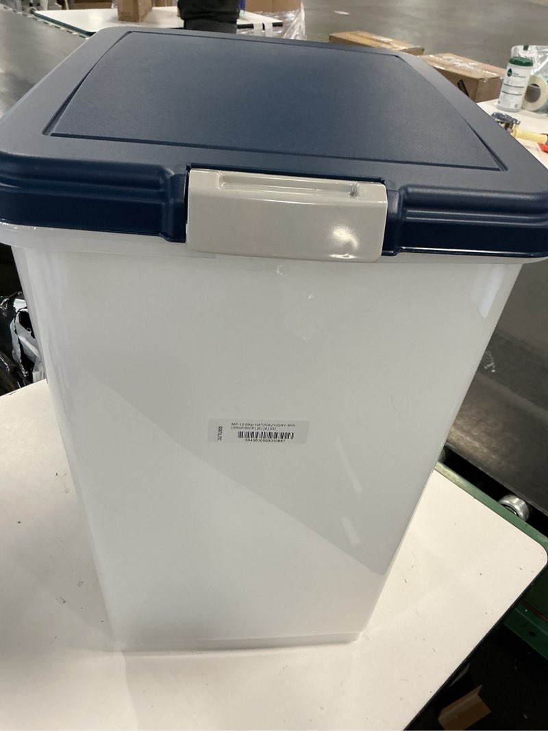 Condition photo showing Good Condition for IRIS USA Airtight Dog Food Storage Container, Up to 30 lbs, Attachable Wheels, for Dog Cat Bird and other Pet Food Storage Bin, Keep Fresh, Easy Mobility, BPA Free, Navy/Pearl 30 lbs Navy/Pearl