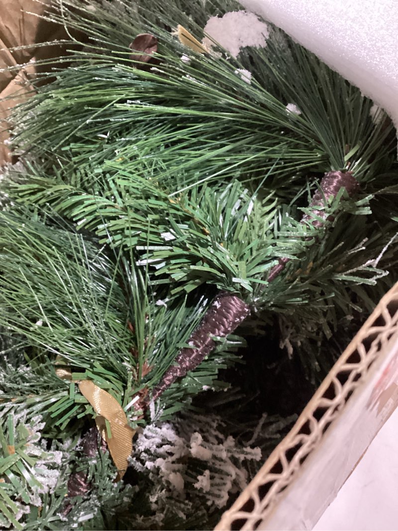 Condition photo showing Good Condition for Chuangdi 9 ft Christmas Flocked Garland with Lights Snowy Spruce Battery Powered Long Needle Pine Cone Garland for Christmas Stairs Fireplaces Mantel Door Decor