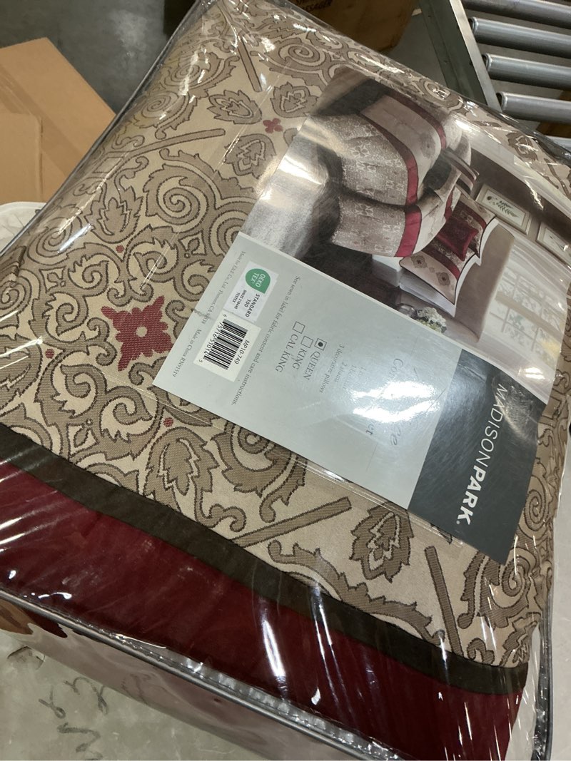 Condition photo showing Good Condition for Madison Park Donovan Queen Size Bed Comforter Set Bed In A Bag - Taupe, Burgundy , Jacquard Pattern – 7 Pieces Bedding Sets – Ultra Soft Microfiber Bedroom Comforters