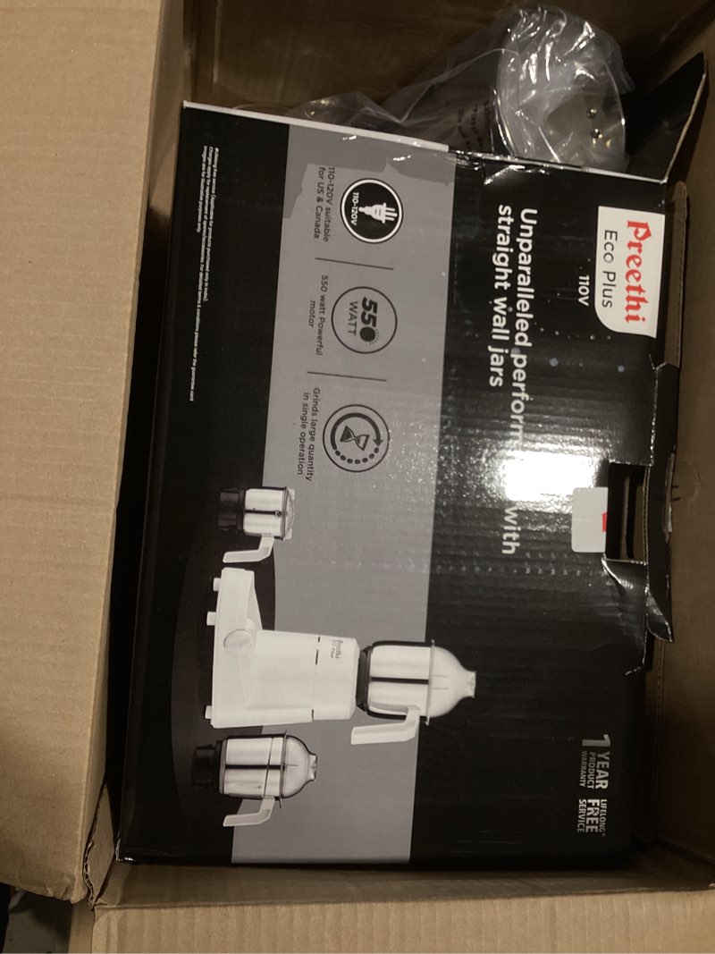 Condition photo showing As Is for for parts preethi eco plus mixer grinder 110 volts - free service kit included (3 jar with extra 1.75l jar)