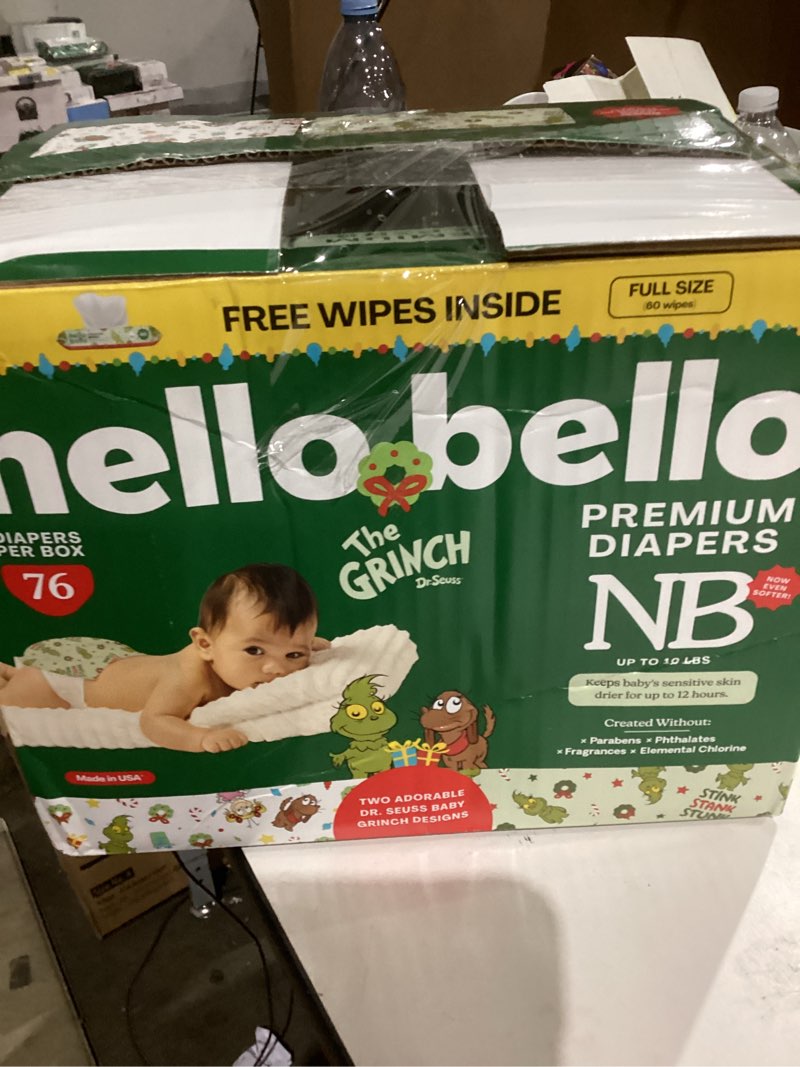 Condition photo showing New/Like New for Hello Bello Dr. Seuss Baby Grinch Premium Diapers, Size NB (Up to 10 lbs), 76ct Plus Bonus Baby Wipes: Softness & Protection for Sensitive Skin Dr. Seuss Baby Grinch 76 Count