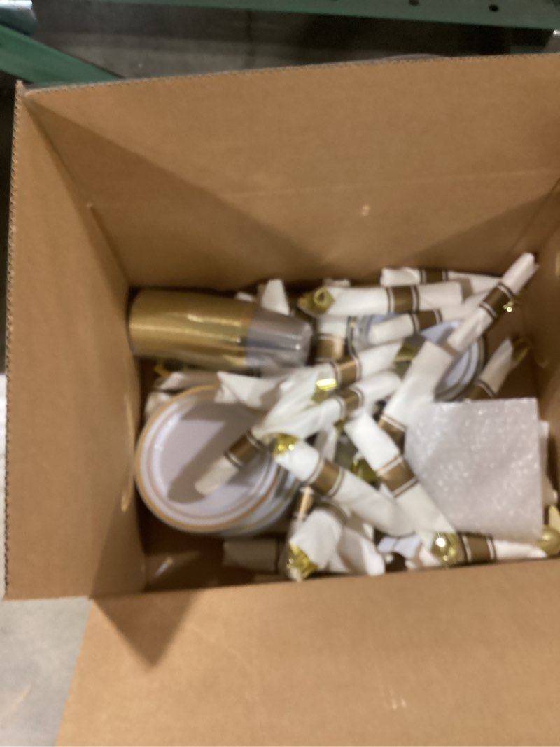 Condition photo showing As Is for BESTVIP 700PCS Gold Plastic Dinnerware Set for 100 Guests, Disposable Plates for Party, Include: 200 Plastic Plates, 100 Pre Rolled Napkins with Gold Silverware, 100 Cups for Christmas, Halloween 100 Guests Gold(missing plates)