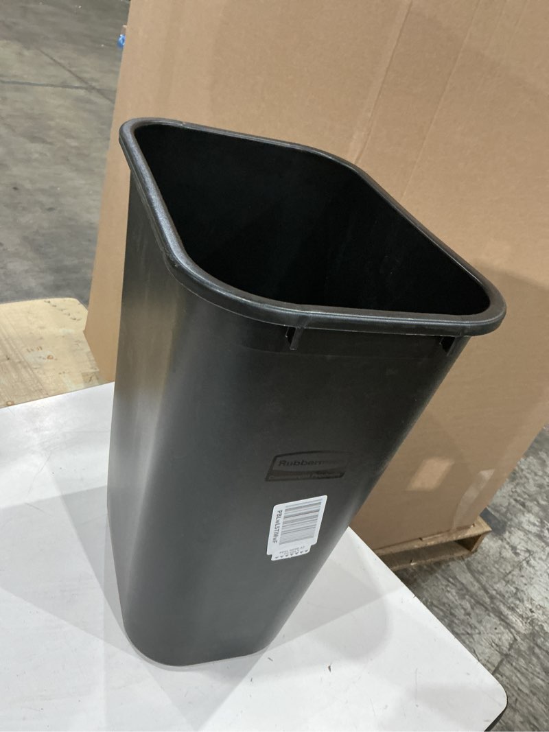 Condition photo showing As Is for rubbermaid commercial wastebasket trash container, 41qt/10.25 gal, plastic, black, stackable trash can for bedroom/bathroom/office, fits under desk/sink/cabinet