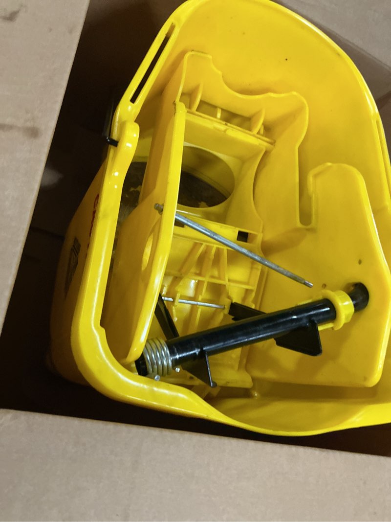 Condition photo showing As Is for 38 qt commercial bucket with side press wringer on wheels, yellow industrial set for floor cleaning, including 1 industrial mop and wet floor caution sign, beyoco yellow 38qt bucket set