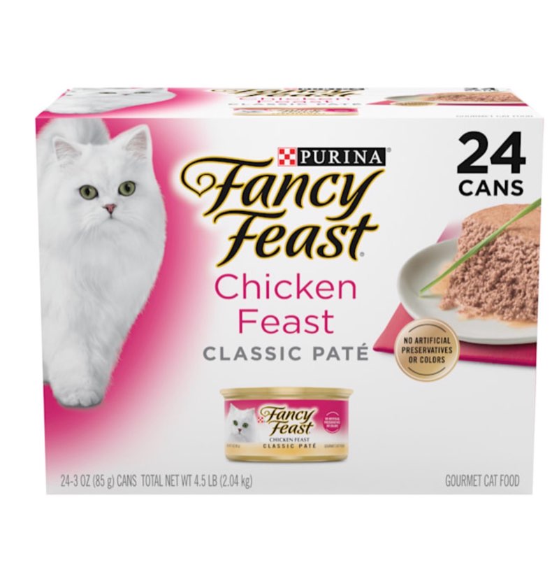 (best by  feb / 2028 )purina fancy feast chicken feast classic paté chicken flavor wet cat food cans - 3oz/24ct pack