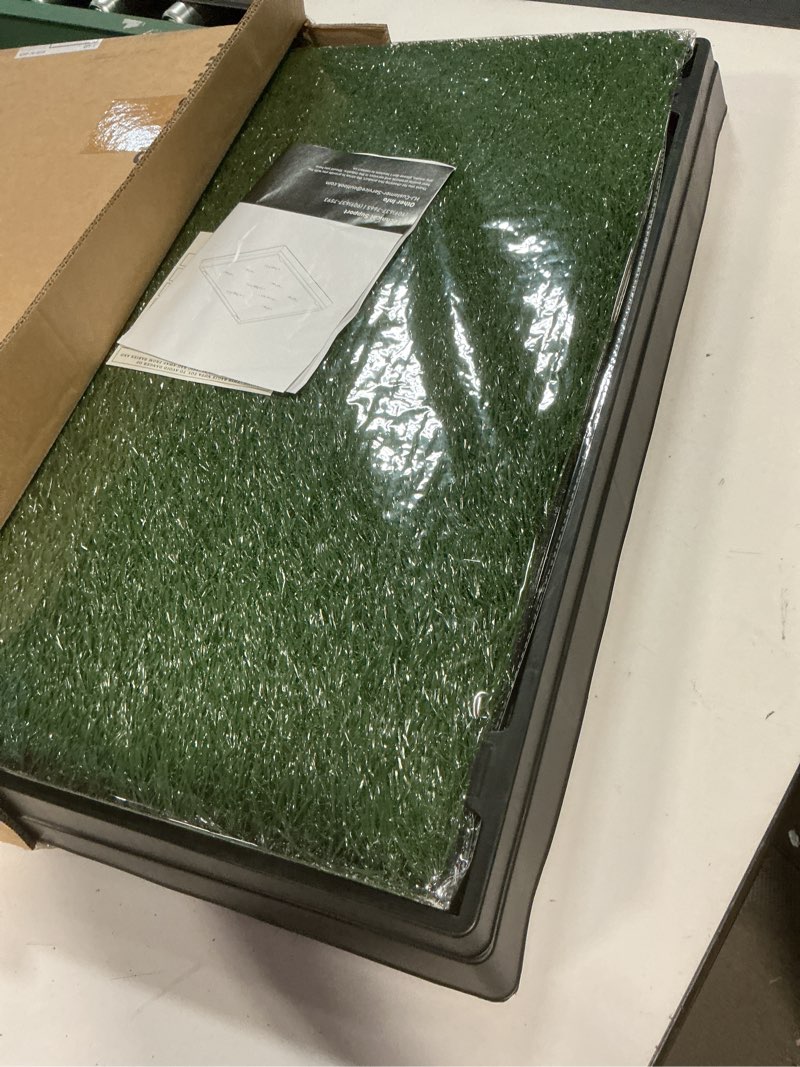 Condition photo showing Good Condition for DUMOS Dog Grass Pad with Tray, 25" x 20" Grass Pad for Dogs Potty, Reusable Artificial Grass Pee Pad for Indoor & Outdoor Use, Easy Clean with Drainage Holes, for Puppy Potty Training Green&black 25"L x 20"W