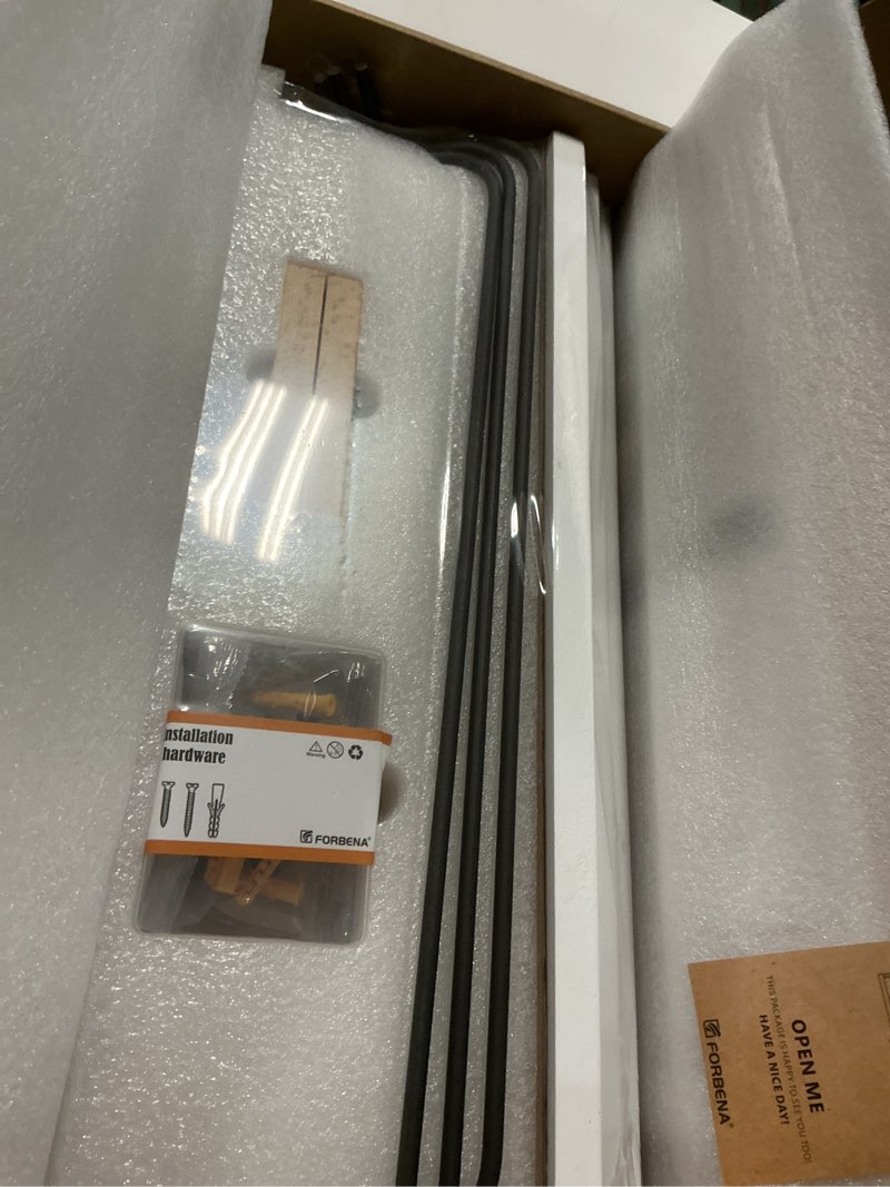 Condition photo showing Good Condition for Forbena White Floating Shelves Bathroom Shelves Over Toilet Set of 3, Bathroom Organizers and Storage Shelves Wall Mounted, Modern Wood Corner Wall Shelf for Bedroom Closet -White and Dark Grey 17 Inch White and Grey