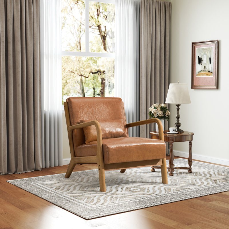 25.78" Wide Mid Century Faux Leather Accent Chair with an Extra Pillow