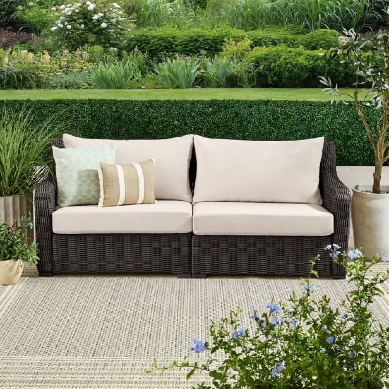 better homes & gardens bellamy sofa, dark brown wicker/cream cushions