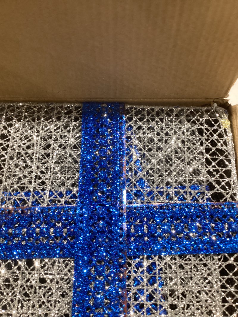 Condition photo showing As Is for Sunnyglade 10”-8”-6” Set of 3 Christmas Lighted Gift Boxes with Plug for Christmas Decor, Weddings Yard Home Holiday Art Decorations (Silver) Silver 10”x8”x6”