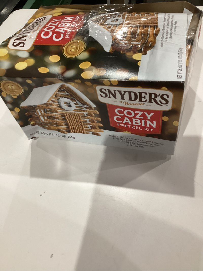 Condition photo showing New/Like New for Snyder's of Hanover Holiday Pretzel Cabin Bundle, Cozy Cabin Building Holiday Activity, Includes 2 Bags of Pretzels