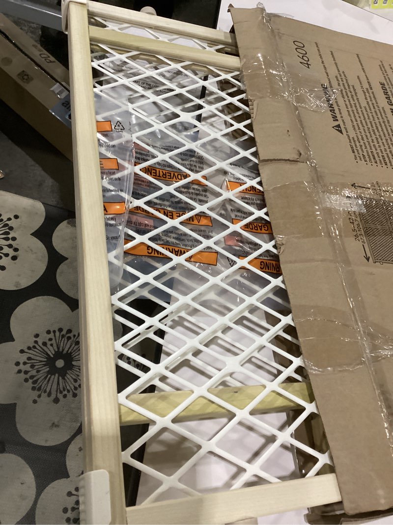 Condition photo showing Good Condition for toddleroo by north states diamond mesh wooden baby gate: 26.5"- 42" wide. pressure mounted baby gate for doorway. (23" tall, sustainable hardwood)