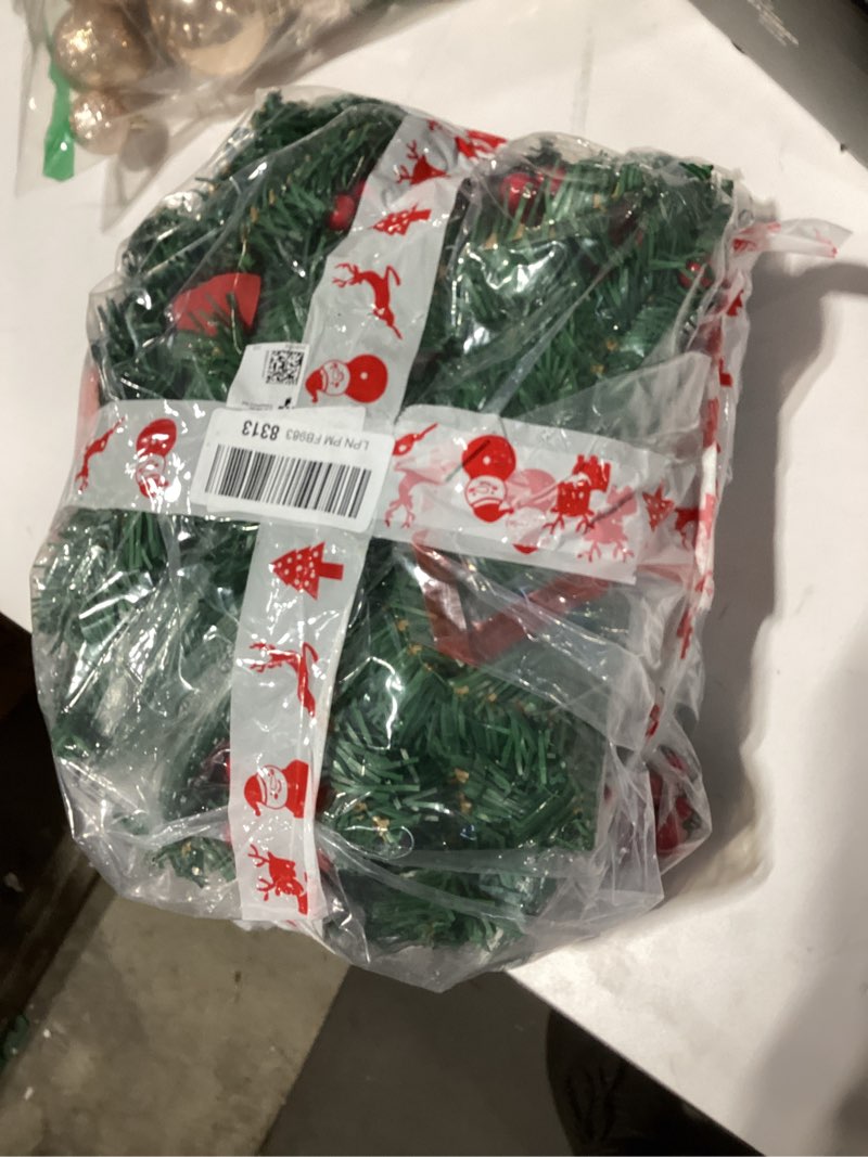 Condition photo showing As Is for Christmas Garland,Christmas Garland with Lights,Xmas Decor,9 ft Rattan Artificial Flower Vine Plants Xmas Decorations for Indoor Outdoor Home Mantel Fireplace Stairs (Red)