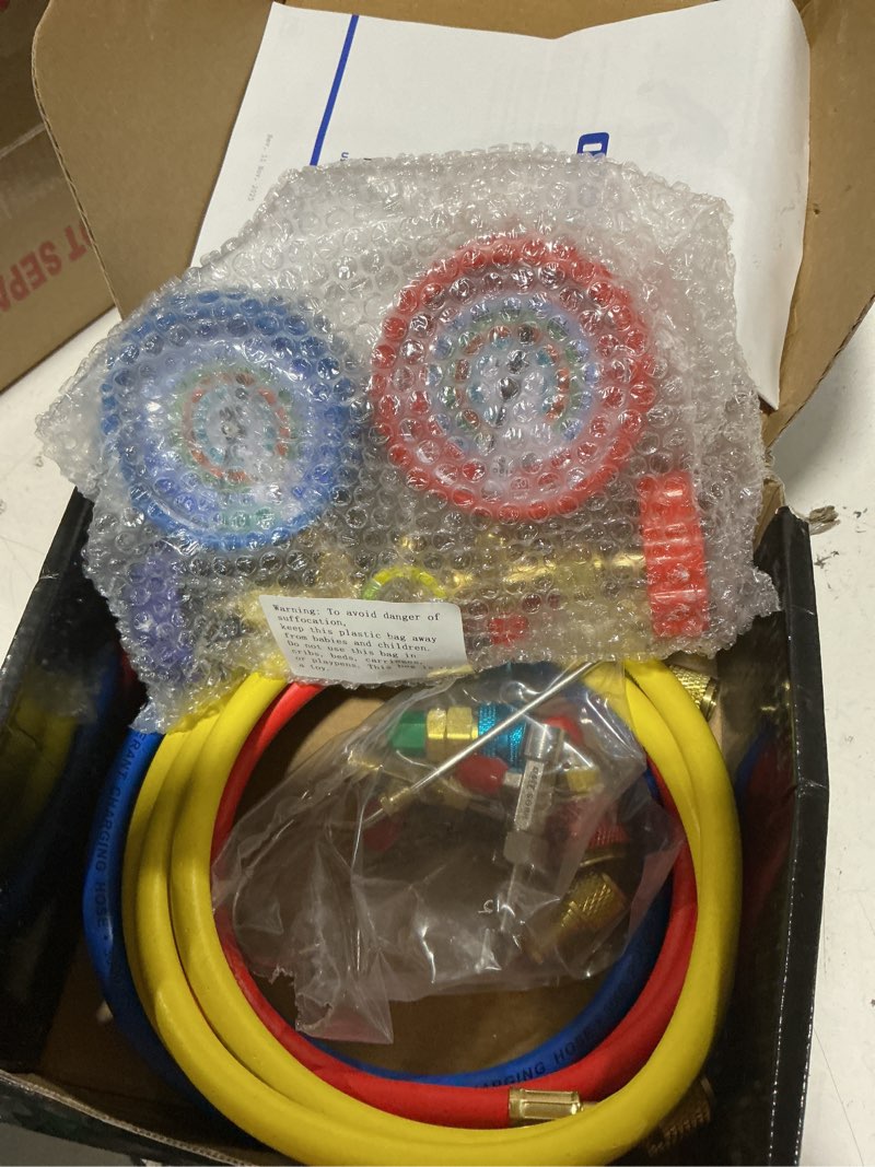 Condition photo showing New/Like New for orion motor tech ac gauge set, 3-way ac manifold gauge set for r134a r12 r502 r22 refrigerant with 5 ft. hoses, automotive a/c gauge with r134a couplers self-sealing piercing can taps 29° adapter r134a r22 r12 r502