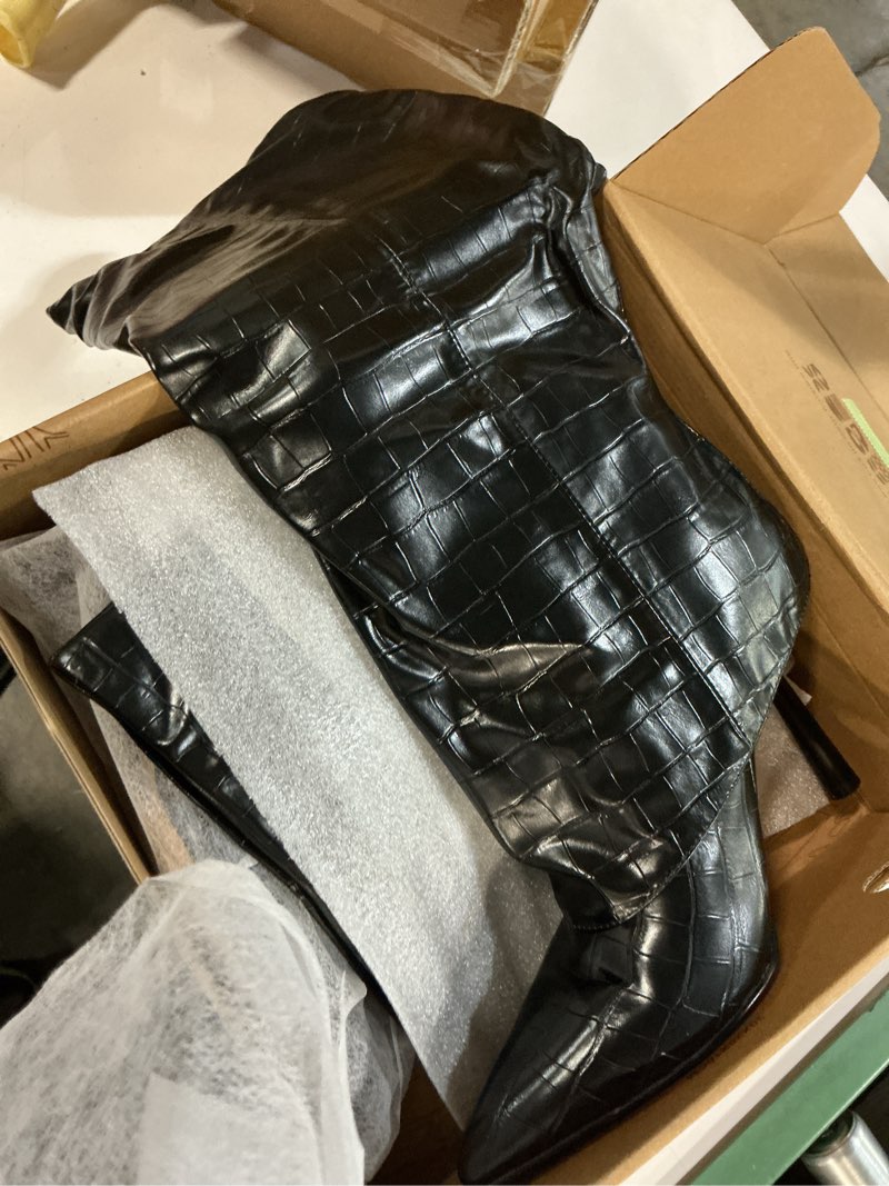 Condition photo showing New/Like New for Oiamenne Knee High Boots Women's Fold Over Boots Pointed Toe Stiletto Heel Tall Boots Slip On Sexy Long Boots Fashion Dress Boots for Women 8.5 Stone-pattern-black