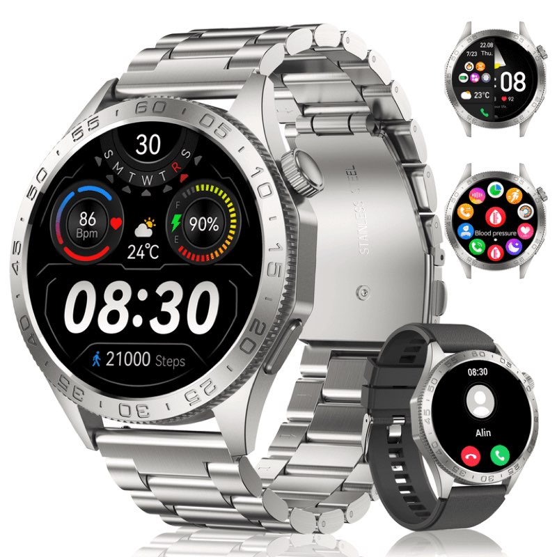 Smart Watch for Men(Answer/Dial Calls), 1.43'' AMOLED/100 Sports Modes, 5ATM Waterproof Fitness Watch with Fitness Tracking Fits for Android and iOS Smartwatch Silver Steel