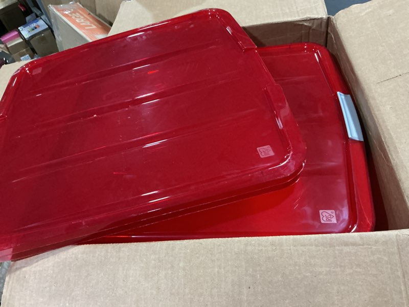 Condition photo showing As Is for IRIS USA 33 Quart Christmas Wreath Storage Container Box with Lid, 3-Pack, Stackable Under Bed Storage Organizer Bin with Latching Buckles for 20" Wreaths Christmas Decorations Garlands, Clear/Red 20" Wreath - 3-Pack