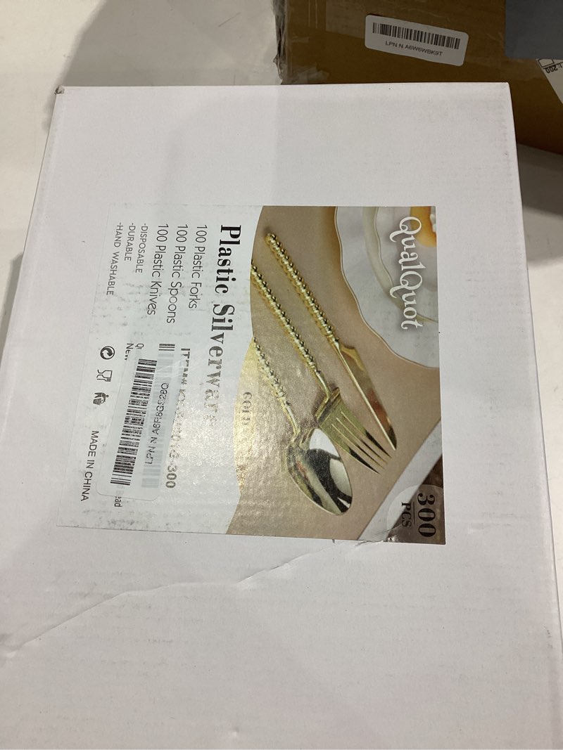 Condition photo showing As Is for 300PCS Gold Plastic Silverware, Heavy Duty utensils, Disposable Plastic Cutlery Silverware Include 100 Forks, 100 Knives, 100 Spoons for Party and Wedding, Gold Bead Gold Bead 300PCS