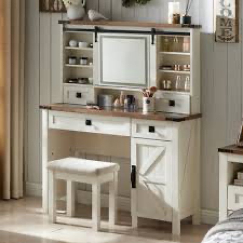 Valyre 42"W Farmhouse Makeup Vanity With Sliding LED Mirror & 3 Light Modes, Wood Vanity Desk For Bedroom, Bathroom