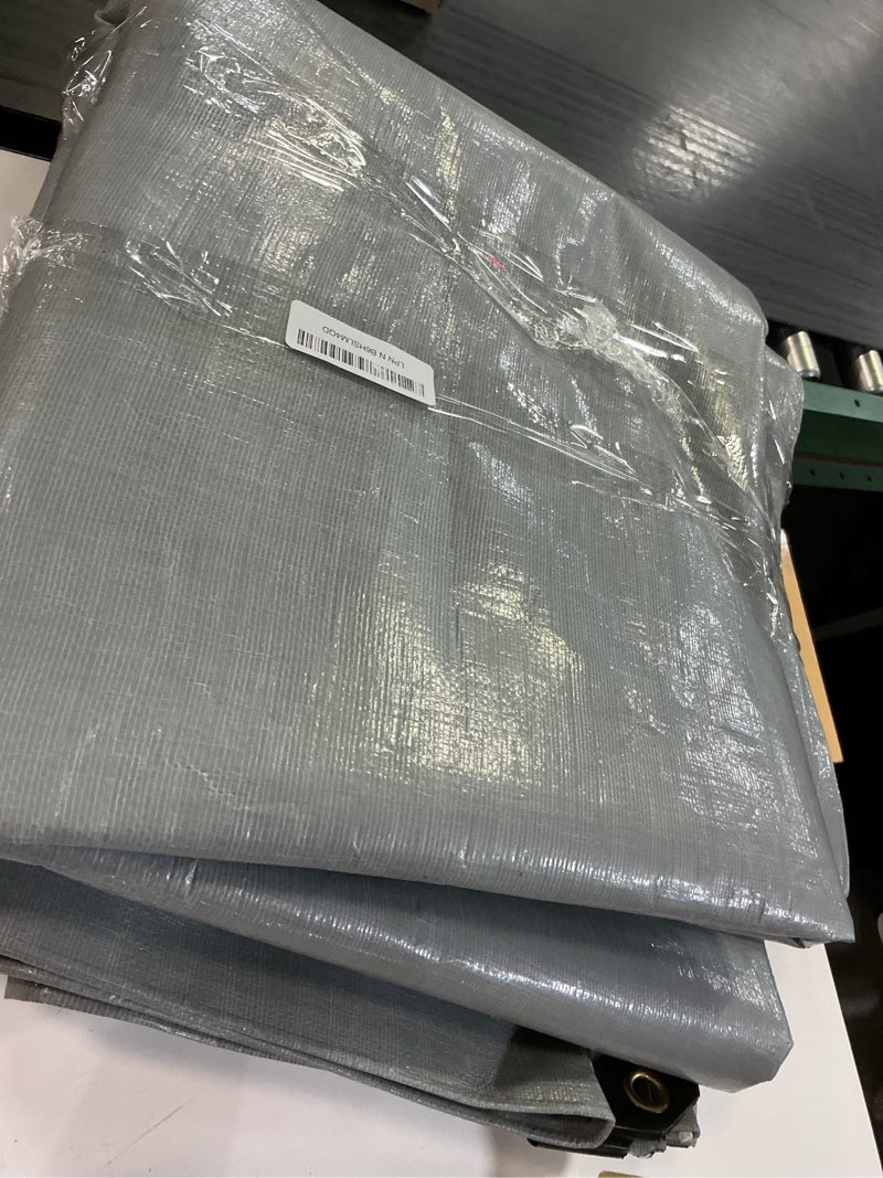 Condition photo showing As Is for 12x20ft waterproof tarp, yumatum 16 mil heavy duty tarps with reinforced edges/brass grommets, 100% uv blocking/tear resistant poly tarp for camping, patio, tent, boat(silver/black)
