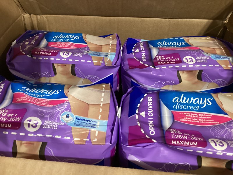 Condition photo showing New/Like New for always discreet adult diapers for women, incontinence underwear, postpartum essentials, disposable briefs, max absorbency, bladder leak protection, 2xl / xxl, 52ct 2x-large 52