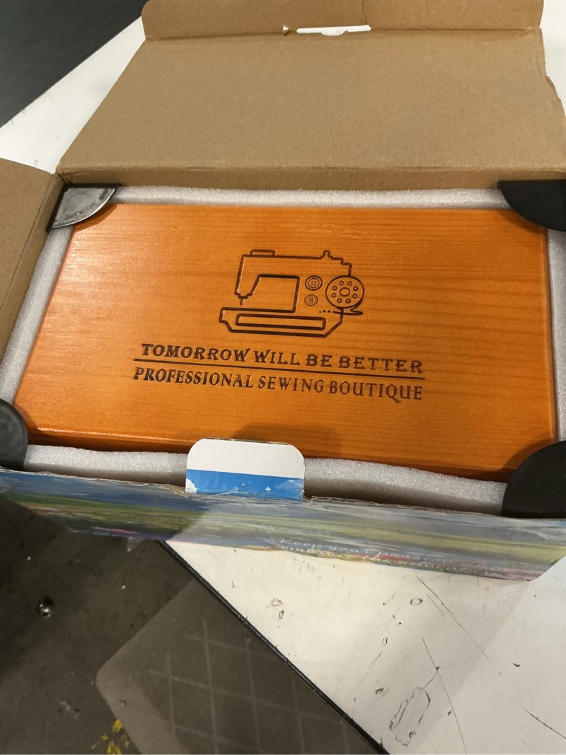 Condition photo showing Good Condition for handheld sewing machine with exquisite wooden storage box & 142-piece sewing kit - electric switch, dual power supply, assorted needles, threads, heavy duty scissors - meets all household sewing needs black