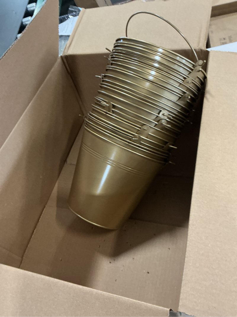 Condition photo showing Good Condition for ( Box of 17) Gold Metal Buckets Ice Pails for Plants, Succulents, Party Favors Organizing, Rustic Home Décor or Classrooms Pencil Storage