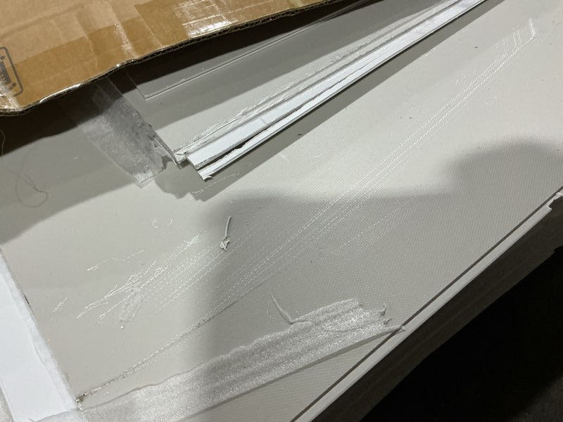 Condition photo showing As Is for allen + roth 60-in w x 32-in d x 78-in h carrara white 9-piece glue up alcove shower wall surround
