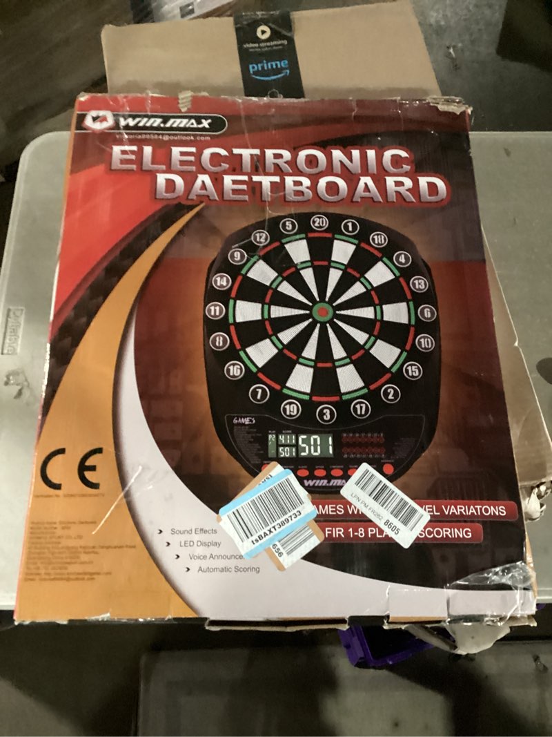 Condition photo showing Good Condition for win.max electronic dart board soft tip dartboard set led displays 3 languages with 12 darts 100 tips power adapter red/green with lights
