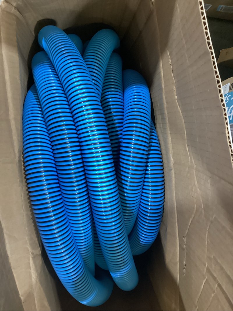 Condition photo showing As Is for poolmaster manual pool vacuum hose, 50 ft x 1-1/2” for inground & above ground pools, not for automatic cleaners, kink-free, heavy duty pool cleaner hose with swivel cuff – made in usa