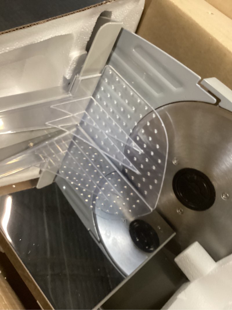 Condition photo showing Good Condition for meat slicer, 200w meat slicer machine for home, dc motor quiet deli slicer with 2 removable 7.5'' stainless steel blades, adjustable dial for 0-15mm, electric food slicer for meat, cheese, bread