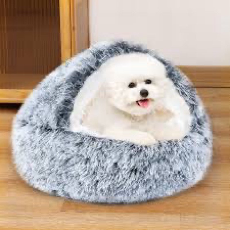 NOYAL Round Hooded Donut Dog Bed for Small & Medium Pets - Plush Fluffy Anti-Anxiety Cat Cave Bed wi