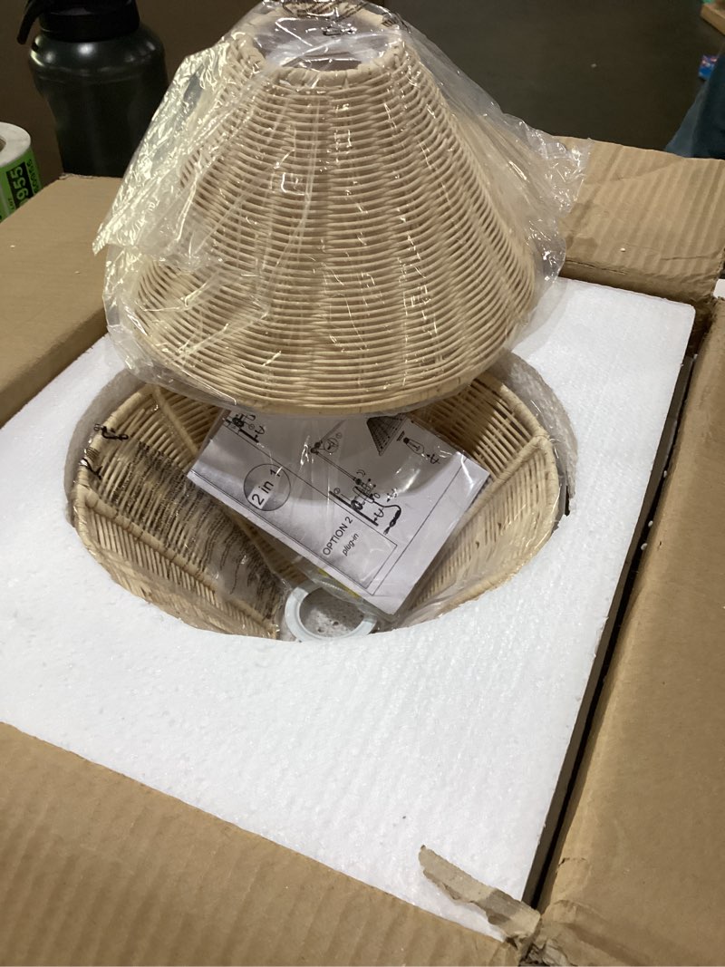 Condition photo showing New/Like New for WINGBO Wall Sconce Rattan Wrapped Wall Lamp, Large Lampshade, Adjustable Swing Arm Wall Light Gold Vintage Bedside Light Fixture Wicker Handmade Shade Brass Reading Light Plug in or Hardwire (2 Pack)